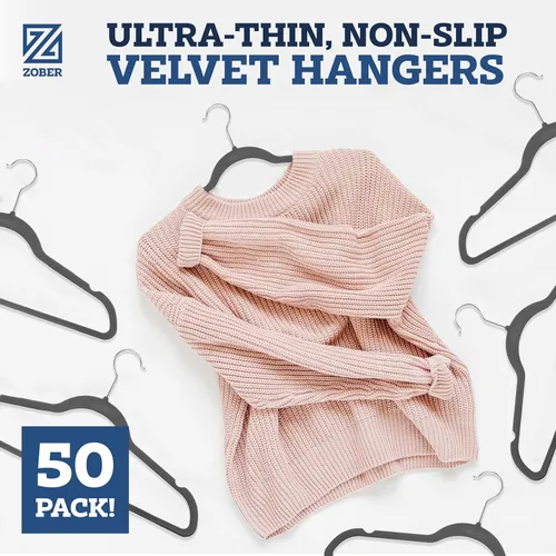Miniatura 2 de Zober - Paquete de 50 perchas de terciopelo gris para abrigos, pantalones y ropa de vestir; perchas de fieltro fuertes y antideslizantes con ahorro
