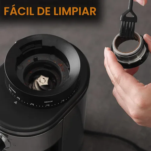 Miniatura 6 de Ollygrin Molinillo de café de rebabas, molinillo de café cónico eléctrico con 30 ajustes de molienda ajustables para 2-12 tazas, plateado y negro