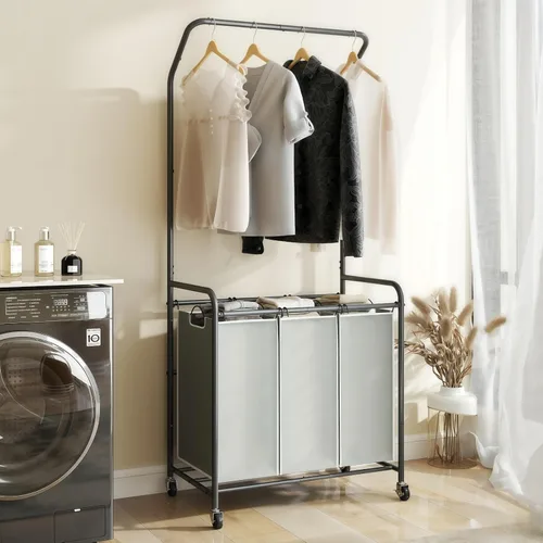 Miniatura 10 de ROMOON Clasificador de ropa resistente de 3 compartimentos, cesta con forro extraíble y ruedas, organizador que ahorra espacio para lavandería, Negro