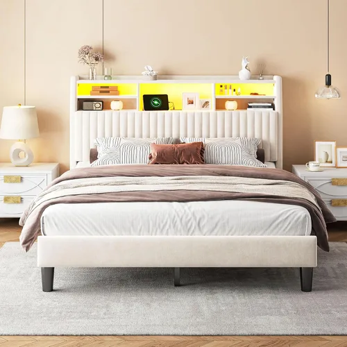 Miniatura 12 de Homkdom Base de cama de tamaño matrimonial, cabecera tapizada de canal vertical con estantes de almacenamiento, marco de cama de terciopelo con Beige