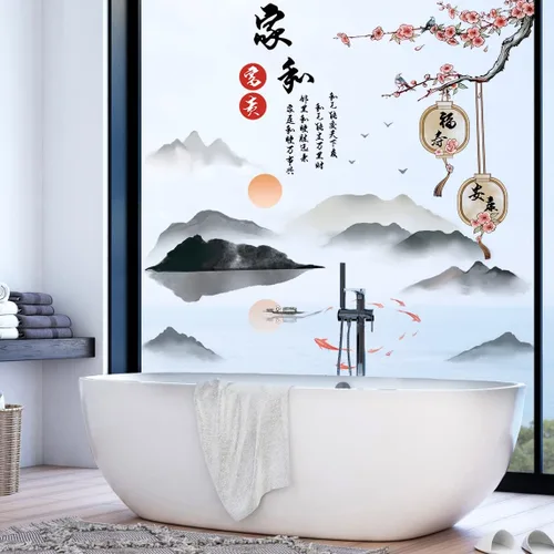 Miniatura 5 de Calcomanías de pared extraíbles de estilo chino 3D paisaje, montaña, agua, personajes chinos, familia y paz con ramas de árbol de ciruela, flores