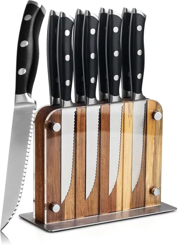 Miniatura 11 de Alata Juego de cuchillos para carne de 8 piezas, 4.7 pulgadas con borde dentado, cuchillos afilados para cena, construcción de espiga completa Negro