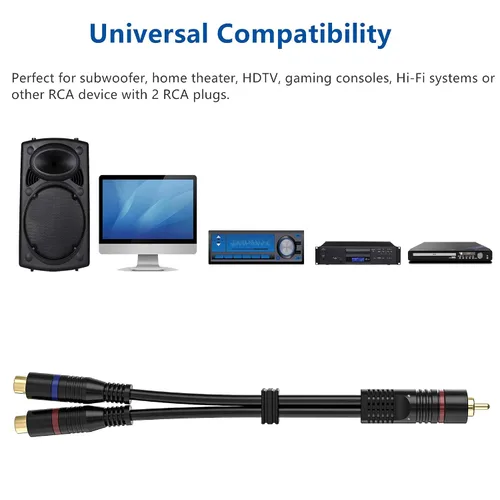 Miniatura 6 de Divisor RCA, paquete de 2 cables RCA macho a RCA hembra dual RCA hembra, adaptador estéreo a mono, cable de audio chapado en oro de 8 pulgadas