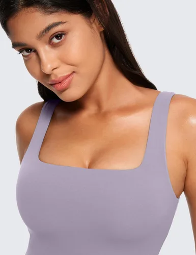 Miniatura 65 de CRZ YOGA Butterluxe Brasier deportivo de cuello cuadrado para mujer, estilo camiseta corta sin mangas, acolchado con soporte integrado para yoga