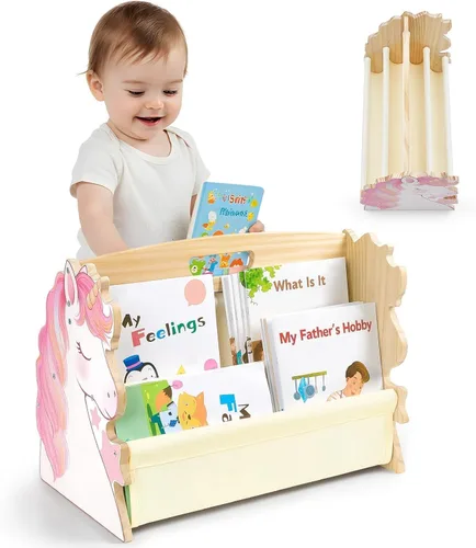 Miniatura 13 de Estantería infantil SheSeek de doble cara con 4 niveles de fundas profundas, estante de libros de madera para niños Montessori para habitación