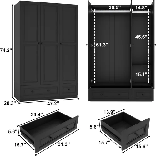 Miniatura 2 de Armario Armario con cajones: Armario de madera alto negro de 74 pulgadas para colgar ropa, Armarios grandes para dormitorio con 2 cajones, armario