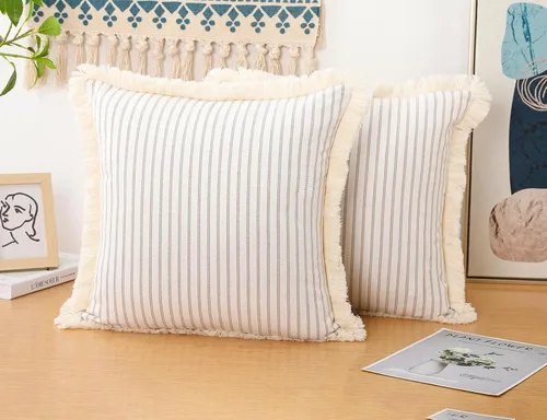 Miniatura 3 de NUYECY Juego de 2 fundas de almohada bohemias de color caqui de 18 x 18 pulgadas, almohada neutra de algodón con flecos de borlas, funda de cojín