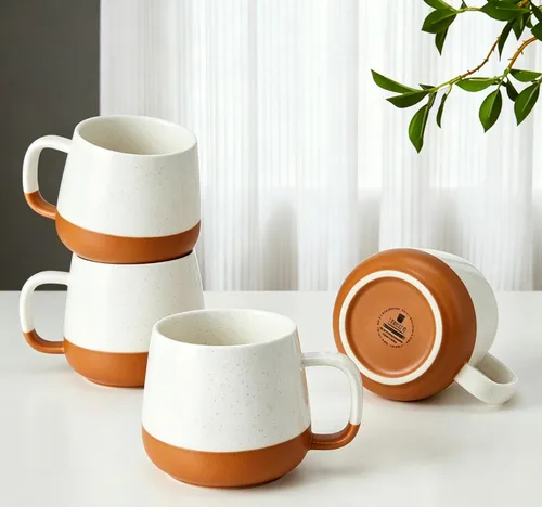 Teocera Juego de 4 tazas de café de cerámica de 12 oz con asas grandes para bebidas calientes o frías como café con leche, cacao, té o jugo - Beige