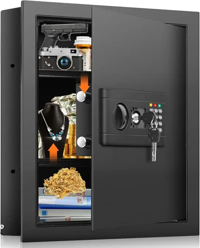 Caja fuerte de pared de 17.7 pulgadas de alto entre los postes de 16 pulgadas, caja fuerte de pared oculta con 2 estantes extraíbles y bandeja