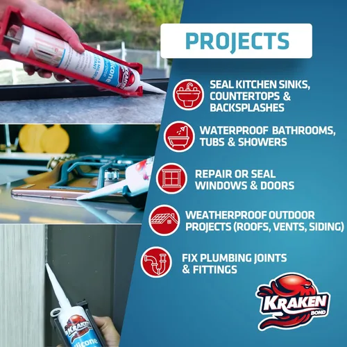 Miniatura 5 de Kraken Bond Sellador de silicona gris resistente al agua Cartucho de 100 a 10 onzas líquidas – RTV silicona calafateo para cocina y baño, todo uso
