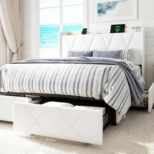 Miniatura 18 de GalnFu Base de cama de tamaño matrimonial con 4 cajones de almacenamiento, plataforma tapizada con estación de carga, moderna cabecera de Beige