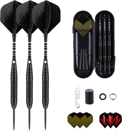Darts Metal Tip Set - 3 Pack Professional 22 Grams Steel Tip Darts with Slim Case Black Purple Blue Aluminum Shafts 9 Flights 50 Rubber O'Rings 1