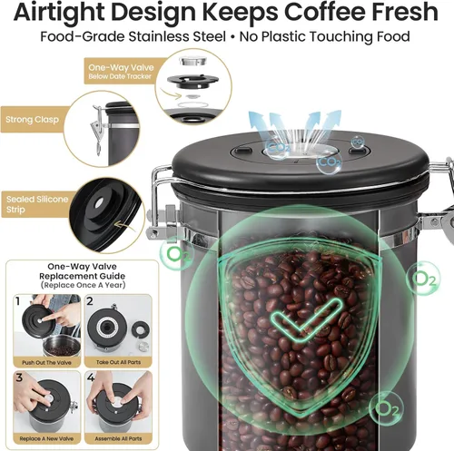 Miniatura 3 de Veken - Recipiente hermético para café de acero inoxidable, contenedor de almacenamiento de alimentos para la cocina con registro de fecha y cuchara