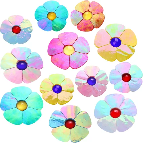 Miniatura 10 de Yoption 100 azulejos de mosaico de pétalos de vidrio iridiscente, cortados a mano, azulejos de mosaico de hojas de flores blancas para manualidades