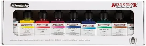 Schmincke - Colores BÁSICOS Profesionales AERO COLORES, 9 x 0.9 fl oz, 81 108 097, líquidos finos y colores acrílicos altamente resistentes a la