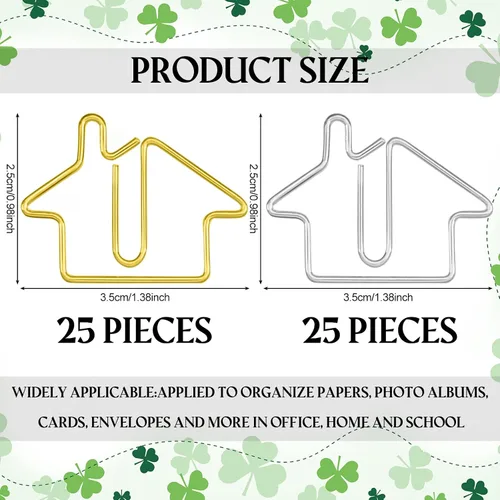 Miniatura 2 de Yeaqee 50 clips de papel en forma de casa, suministros de agente inmobiliario, color dorado y plateado, divertidos clips a granel para niños