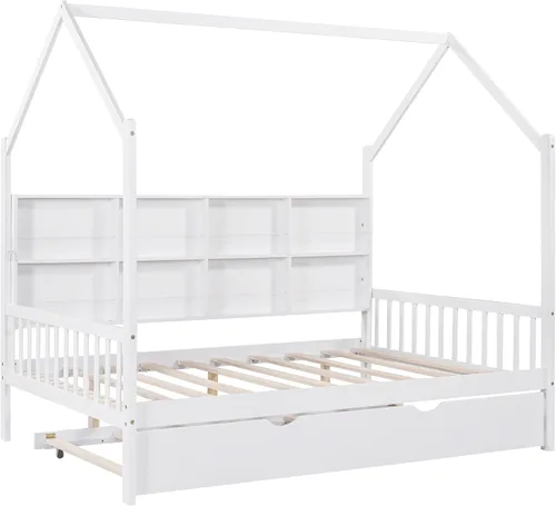 Miniatura 6 de Cama matrimonial con nido, marco de cama matrimonial para niños con estantes de almacenamiento y techo, cama Montessori, cama de tienda, cama