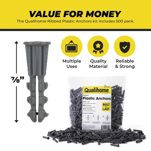 Miniatura 6 de Anclajes de yeso de plástico acanalados Qualihome - Anclajes de pared para paneles de yeso - Anclajes de tornillo de plástico para paneles de yeso