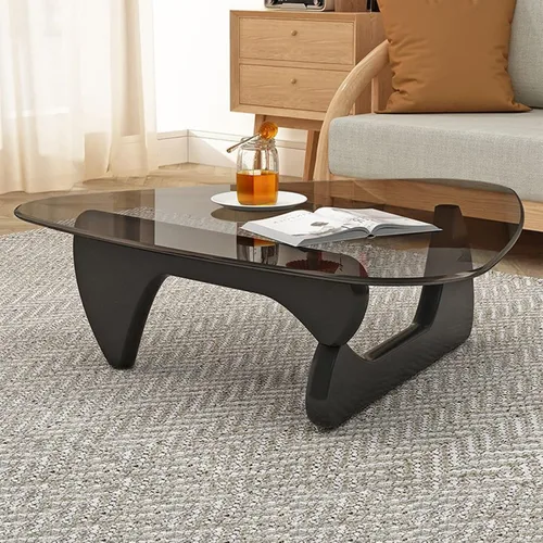 Miniatura 7 de Mesa auxiliar de cristal triangular, simple y moderna, mesa auxiliar vintage de vidrio y base de madera maciza, mesa auxiliar para sala de estar