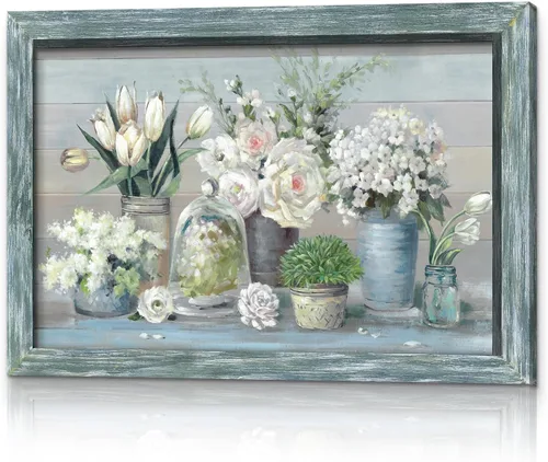 Miniatura 7 de Arte de pared enmarcado floral abstracto, pintura de flores blancas rústicas, ramo botánico en jarrón, impresiones de plantas, obras de arte