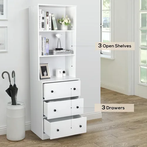 Miniatura 7 de VOWNER Archivador vertical, estantería moderna de 3 niveles con 3 cajones grandes, archivador de madera con estante de almacenamiento abierto