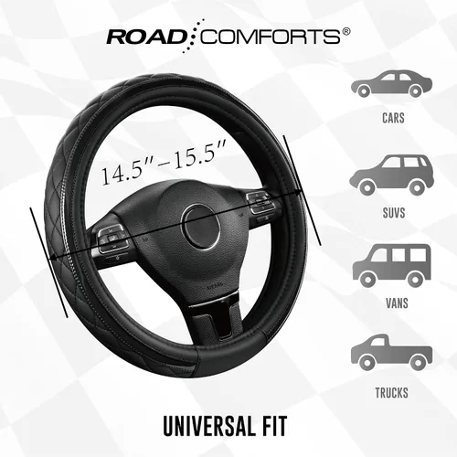 Miniatura 7 de Road Comforts Funda de Cuero para Volante – Negro y Negro, Ajuste Universal 14.5-15 Pulgadas, Cuero de Microfibra, Diseño Antideslizante