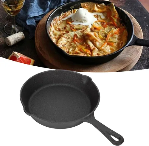 Miniatura 4 de Sartén de hierro fundido, sartén redonda negra, sartén de cocción uniforme con doble salida, sartén de cocción fácil presazonada para parrilla, 10CM