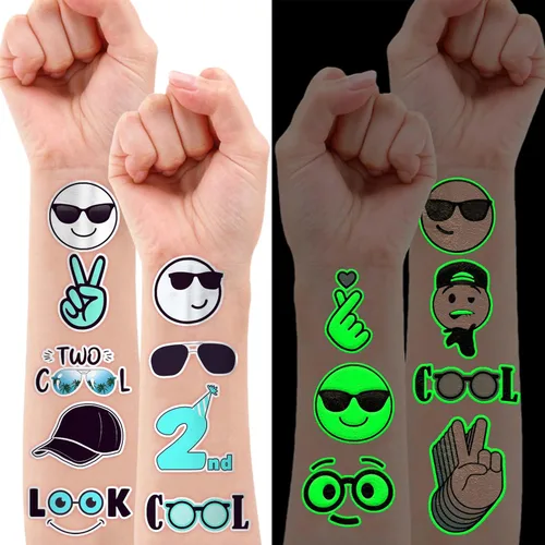 Miniatura 9 de Brillan en la oscuridad, dos geniales tatuajes temporales para niños y niñas, suministros de decoración de fiesta de segundo cumpleaños, regalos