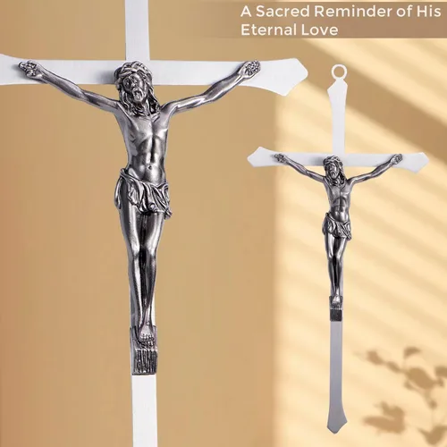 Miniatura 4 de ACHIBANG Crucifijo de metal de 10 pulgadas - Cruz de Jesús de plata católica moderna para decoración de pared, símbolo cristiano de fe plata