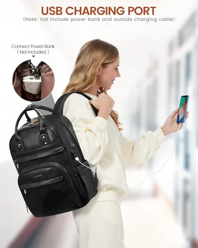 Miniatura 7 de LOVEVOOK Mochila vintage para computadora portátil de piel sintética de 15.6 pulgadas, negro, 25L, resistente al agua, puerto de carga USB