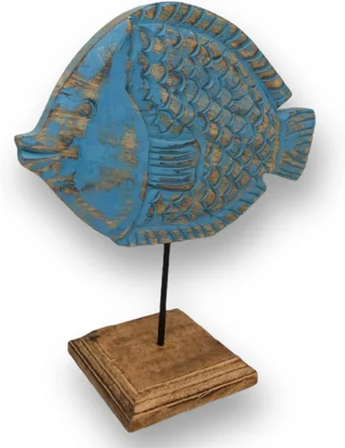 Miniatura 9 de Beau - Estatua de pescado de mantequilla en base Escultura de pescado de madera hecha a mano para casa náutica de playa, centro de mesa rústico