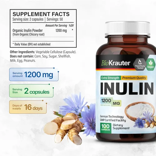 Miniatura 3 de BIO KRAUTER Polvo de inulina de raíz de achicoria en cápsulas de 1200 mg por porción, 100 unidades, fibra prebiótica de inulina vegana y pura