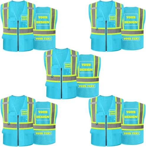 Miniatura 14 de Chaleco de seguridad reflectante de malla con logotipo personalizado Clase 2 con 5 bolsillos y cremallera Amarillo-5pack