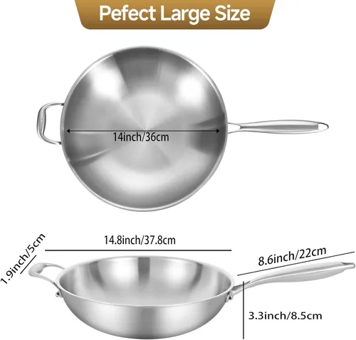Miniatura 4 de LOLYKITCH Sartén Wok de Acero Inoxidable de Tres Capas de 14.5 Pulgadas, Sartén para Saltear, Sartén de Cocina de Chef por Inducción, Apta