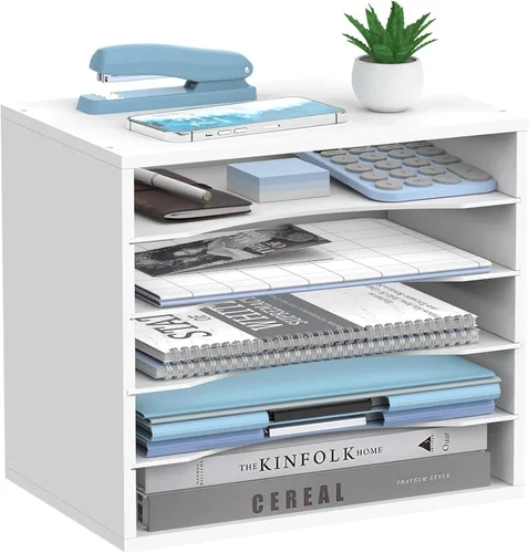 Organizador de escritorio de madera de 5 niveles, organizador de bandeja de papel para escritorio con estantes de almacenamiento ajustables, Blanco