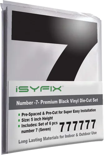 Miniatura 55 de iSYFIX Calcomanías de vinilo negro con el número 7 (siete), paquete de 6 calcomanías autoadhesivas de 7 pulgadas, calcomanías troqueladas y Negro