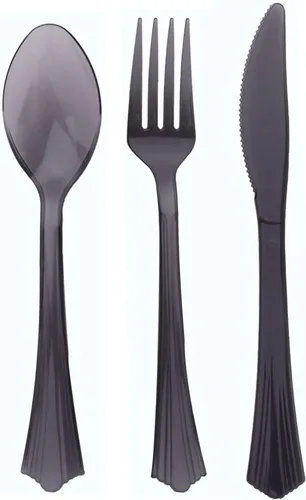 Miniatura 8 de Efavormart - Juego de 24 cubiertos de plástico transparente negro resistente con mango de punta acampanada, cuchara de tenedor desechable