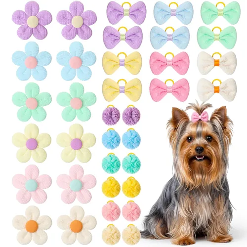 Miniatura 8 de Janinka 36 lazos para el pelo de perro con bandas de goma, lazos anudados para perros pequeños, perlas de flores, bandas elásticas para el cabello