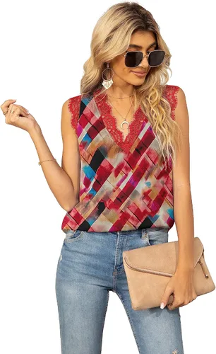 Miniatura 236 de VIISHOW - Camiseta sin mangas, sexy, con cuello en V y bordes de encaje para mujer, camisola de vestir, camisas de gasa, sin mangas, casuales