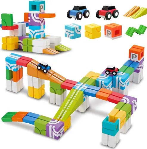Miniatura 11 de QBI - Juego de bloques magnéticos de inicio 4 en 1 Bloques de construcción STEM con 4 autos y baldosas de pista 3D Juguetes magnéticos