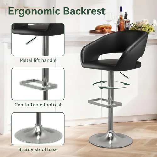 Miniatura 6 de Vogue Furniture Direct Taburete de bar ajustable con respaldo y brazos huecos, moderno taburete giratorio de piel sintética, silla de barra de Negro