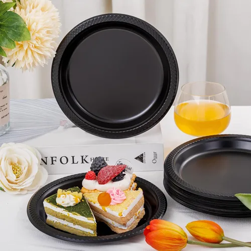 Miniatura 7 de WELLIFE Platos de postre negros de 7 pulgadas, 150 unidades, platos de postre de plástico desechables para fiestas, pasteles, aperitivos, ensaladas