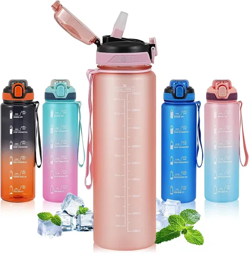 Miniatura 11 de Botella de agua deportiva con popote, botellas de agua de 32 onzas con marcador de tiempo para niños y niñas, botella de agua simple y moderna