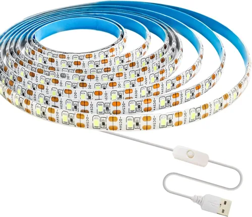 Tira de luces LED USB de 5 V, color blanco, 6000 K, 9.84 pies, SMD 2835 IP65, impermeable, 180 LED, tira de luz Plug and Play con interruptor para