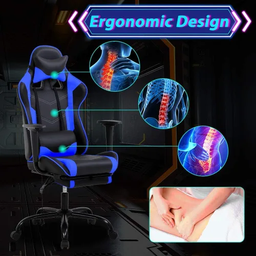 Miniatura 6 de Silla de juegos con reposapiés y soporte lumbar, silla reclinable de altura ajustable con respaldo alto para adultos, giratoria 360, color azul