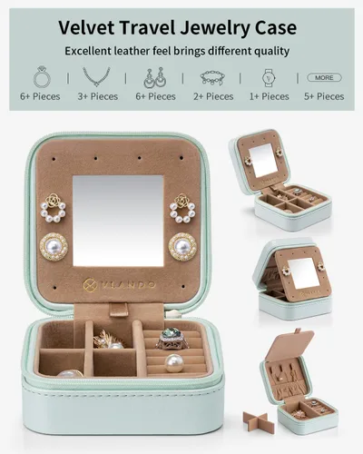 Miniatura 4 de Vlando Joyero de viaje pequeño de terciopelo de felpa, mini joyero portátil para mujeres, niñas, anillos, aretes, collares, pulseras, caja