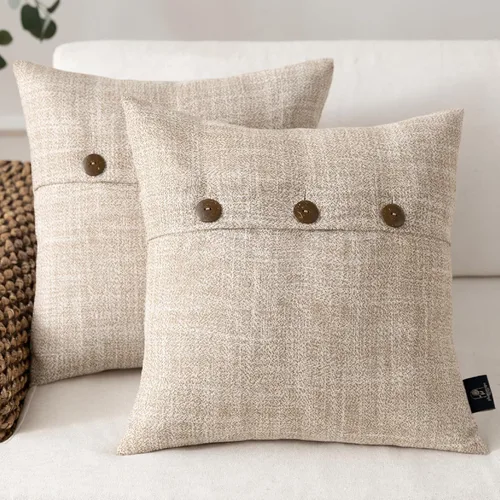 Phantoscope - Paquete de 2 fundas de almohada estilo campestre con botón triple, de lino vintage, decorativas, para sofá, cama y silla, color beige,