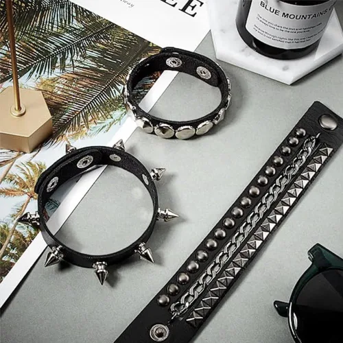 Miniatura 3 de TURTLEDOVE Pulsera de cuero punk – Pulsera de cuero gótica con tachuelas de metal – Accesorios punk rock de los años 80 para hombres y mujeres