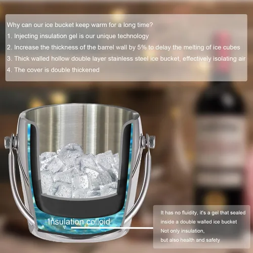 Miniatura 4 de Cubo de hielo para champán con tapa de pinzas, cubo de doble pared para barra de vino, congelador con soporte y asa de transporte, cubo de acero