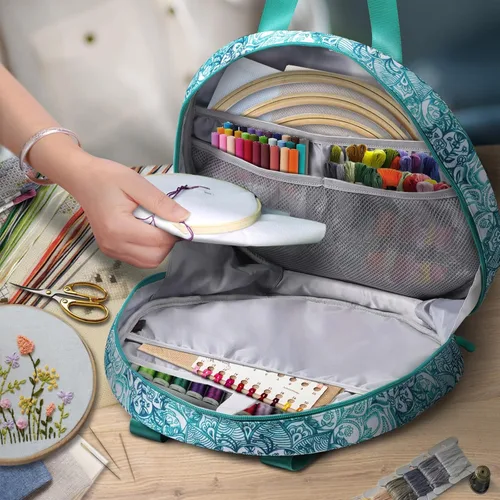 Miniatura 5 de FINPAC Bolsa para proyectos de bordado, suministros de bordado con múltiples bolsillos para hilo dental, aros, hilo, kit de herramientas de costura